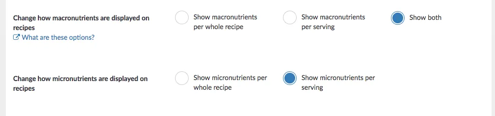 changing options nutrient display in recipe